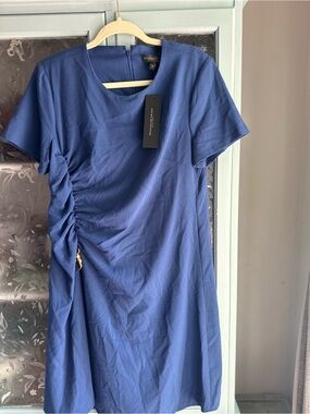 Donna Karan Royal Blue Ruched Short Sleeve Midi Dress